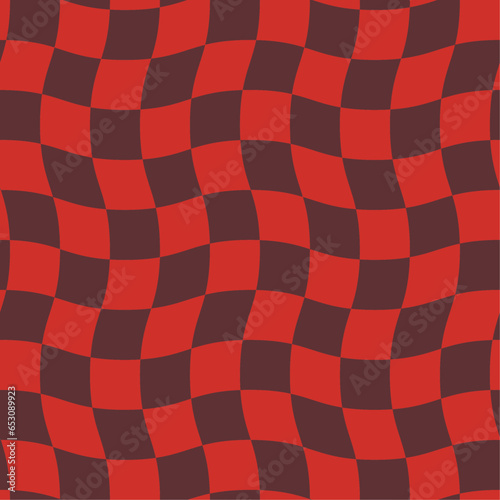 Abstract seamless pattern checkered line pattern, distorted chessboard texture, red theme color (Persian Red and Congo Brown) square tiled grid