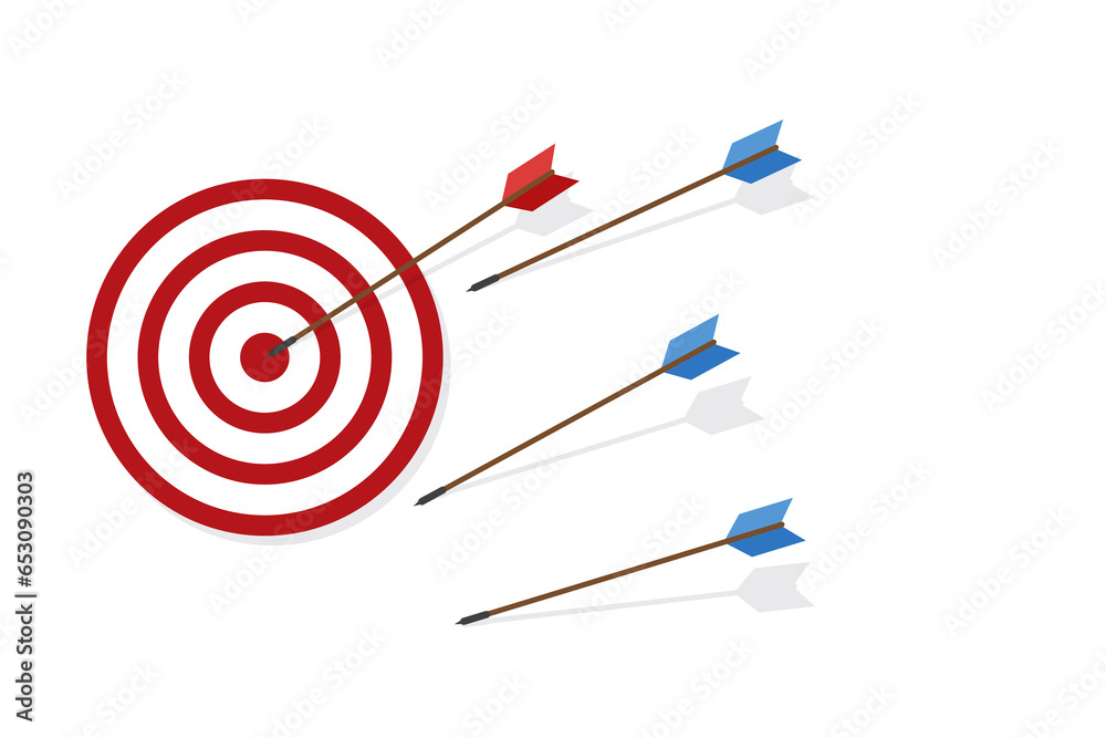 Blue arrows missed hitting target and only red one hits the center. Business challenge failure and success concept. Blue arrows missed hitting target and only red one hits the center. Business challenge failure and success concept.