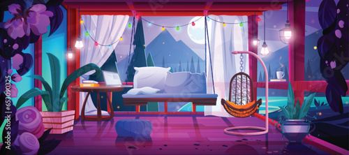 Terrace with mountains, lake and forest outside window, wooden floor, chair and swing, plants in pot and curtains laptop on table. Cartoon vector patio with furniture and flowers in evening.