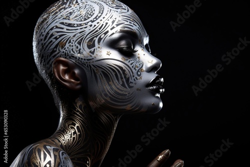 African woman with silver makeup on black background.