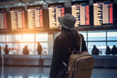 A young woman at an international airport looks at the flight information board.