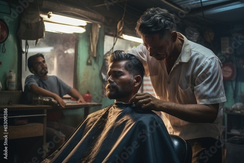 A barber trimming a customer's hair.