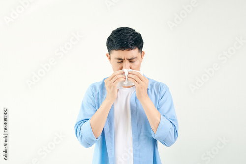 Sick guy isolated has runny nose