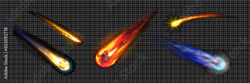 Meteor or comet space trail fire light vector effect. 3d isolated realistic meteorite flame speed glow. Night planet tail sparkle. Missile burn or fireball shooting ui vfx astronomy illustration.