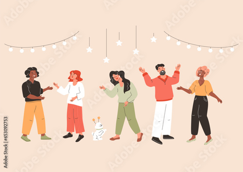 Party illustration. People communicate and have fun. Creative characters, cute dog, light bulbs. Girl in pajamas, man laughing, stylish person. New Year's corporate, birthday event concept, vector art