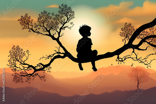 Silhouette of a child enjoying the sunset by sitting on a tree branch.