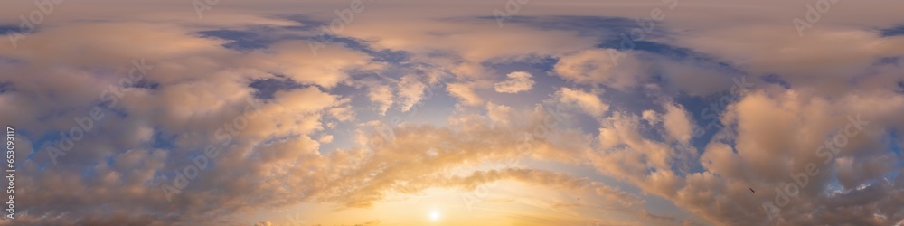 Fototapeta premium 360 sky panorama of vibrant pink Cumulus clouds at sunset, seamless hdr equirectangular format. Ideal for immersive game design and sky replacement