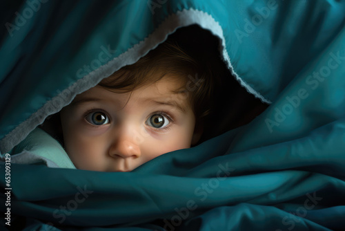 beautiful baby looking out from under blanket