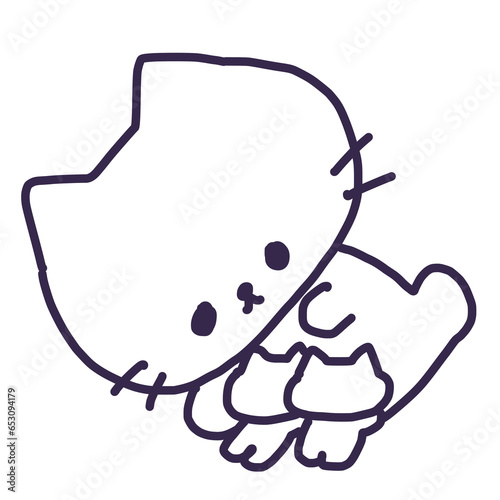 赤ちゃんに授乳中のかわいい白い色の母猫と子猫のイラスト