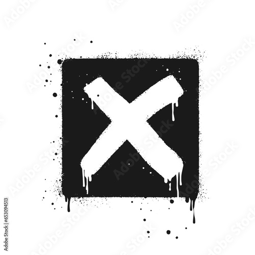 Spray painted graffiti check mark in black over white. X symbol. isolated on white background. vector illustration