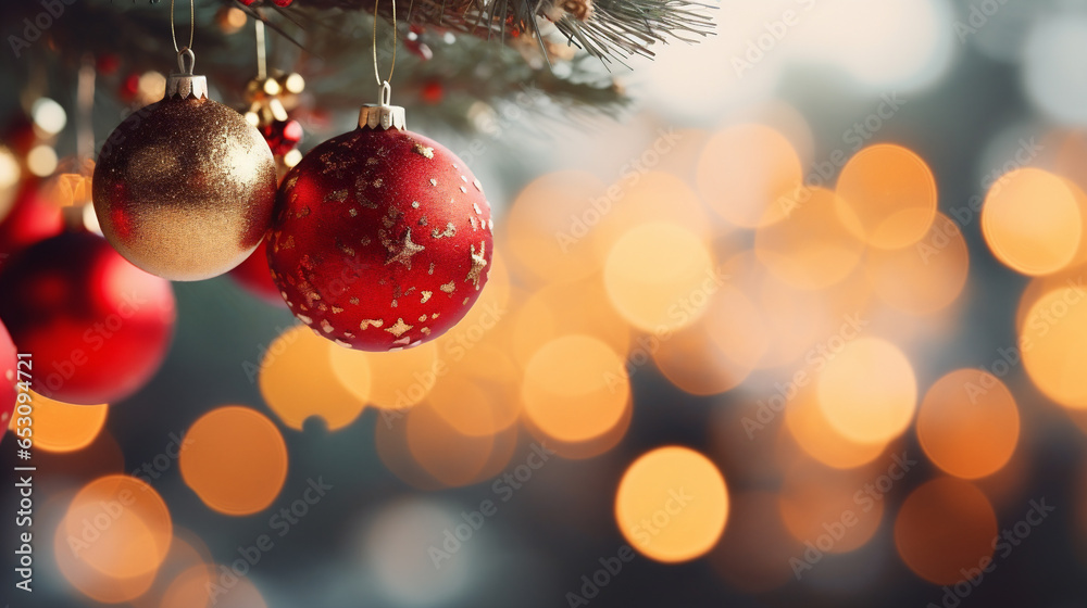 Christmas background with Christmas tree and red balls on bokeh background Christmas background with Christmas tree and red balls on bokeh background