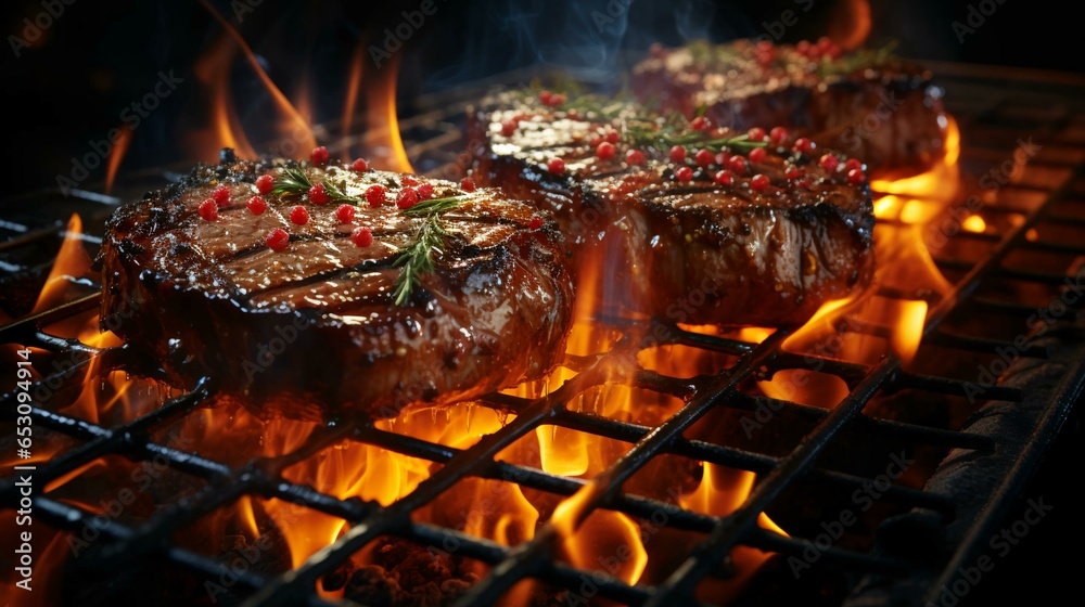 Delicious meat fried steaks on the grill cooked on fire Delicious meat fried steaks on the grill cooked on fire