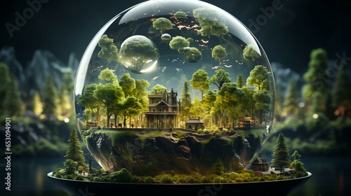Glass dome with a city inside and green trees and plants. Concept of ecology and waste recycling and care for the environment