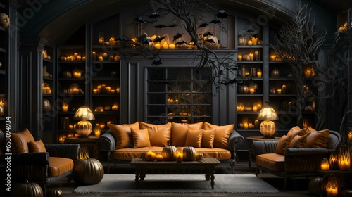 A room decorated for Halloween with candles and pumpkins with scary faces