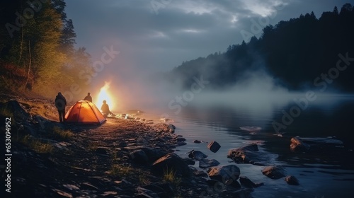 Night camping on the banks of male and female hikers There is thick fog along the river.