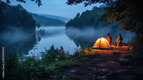 Night camping on the banks of male and female hikers There is thick fog along the river.