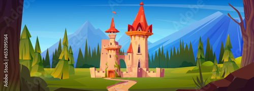 Mountain medieval castle cartoon vector landscape. Fairy tale palace background illustration. Road to fantasy king fortress on meadow in forest. Ancient chateau building architecture with flag