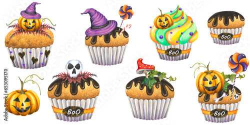 pumpkin cupcakes with skulls and a ghost for Halloween