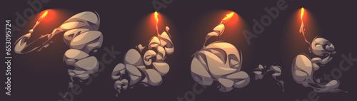 Set of rockets flying with smoke trail isolated in black background. Vector cartoon illustration of missile or bomb attack with fire and clouds of grey steam, abstract dust vortex, comic style design