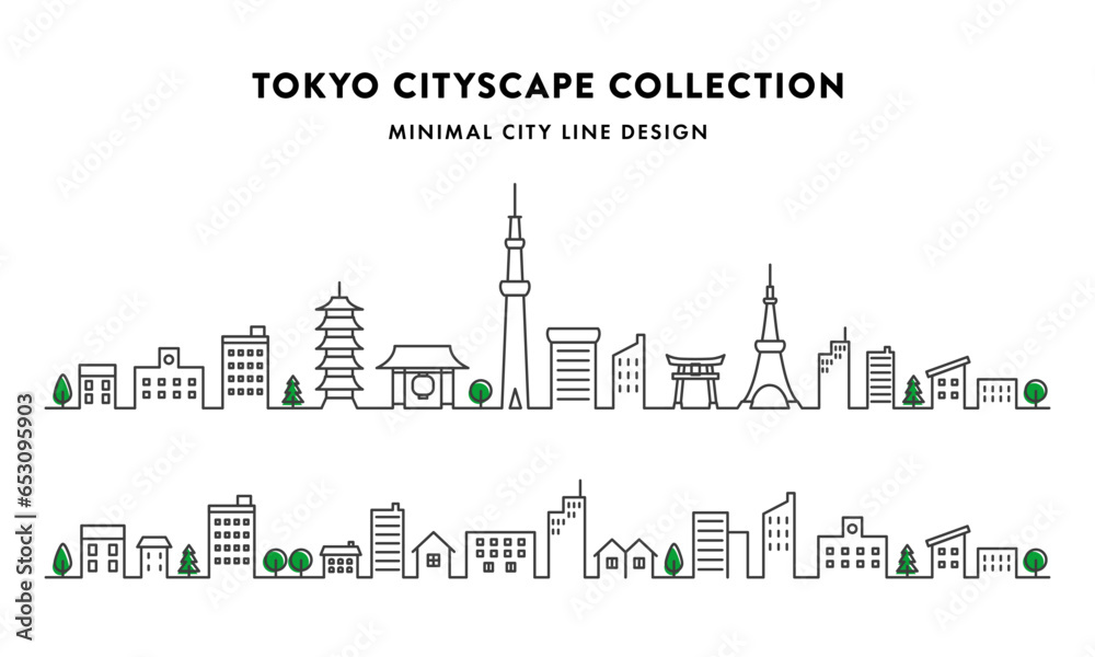 Obraz premium 日本の東京の街並みの線画のコレクション。ベクターイラスト。