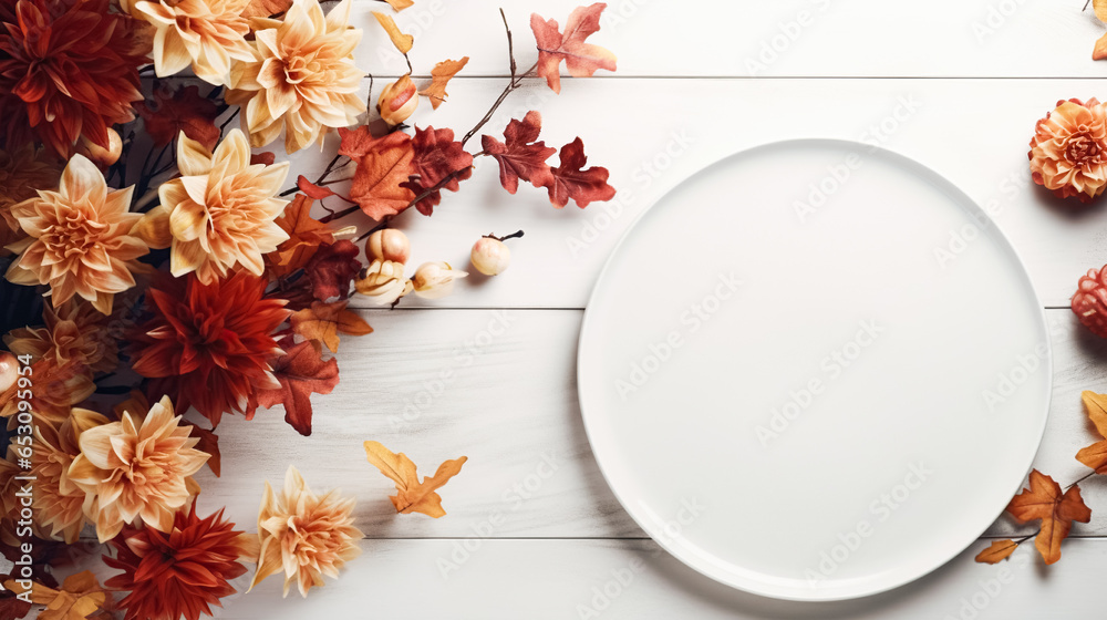 Empty white plate and autumn decorations on white table. Concept for autumn holidays, Thanksgiving, family cozy parties