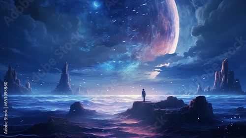 enchanted ocean under the moon, digital art illustration, Generative AI