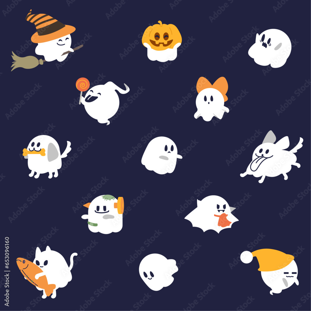 Vector illustration of playful ghosts in Halloween costumes. Cute ghosts on dark background. Vector illustration of playful ghosts in Halloween costumes. Cute ghosts on dark background.