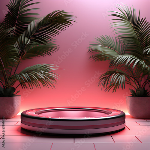 Round podium and pedestal stand platform for display product in palm leaf of Nature in pink background, Generative AI © rabbizz77
