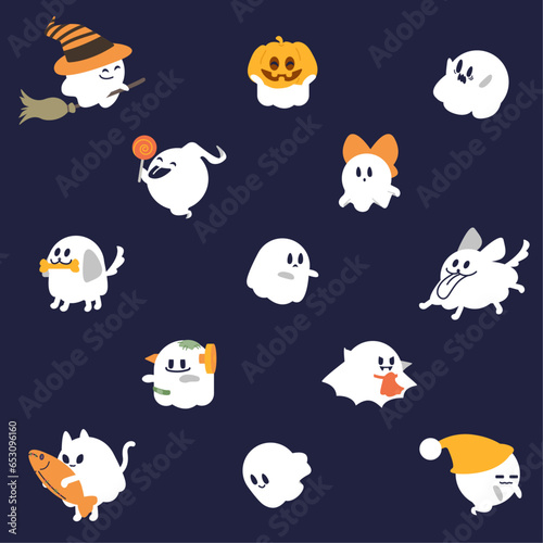 Vector illustration of playful ghosts in Halloween costumes. Cute ghosts on dark background.