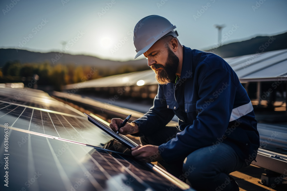 Professional engineer with checking installing solar panels on factory roof Professional engineer with checking installing solar panels on factory roof