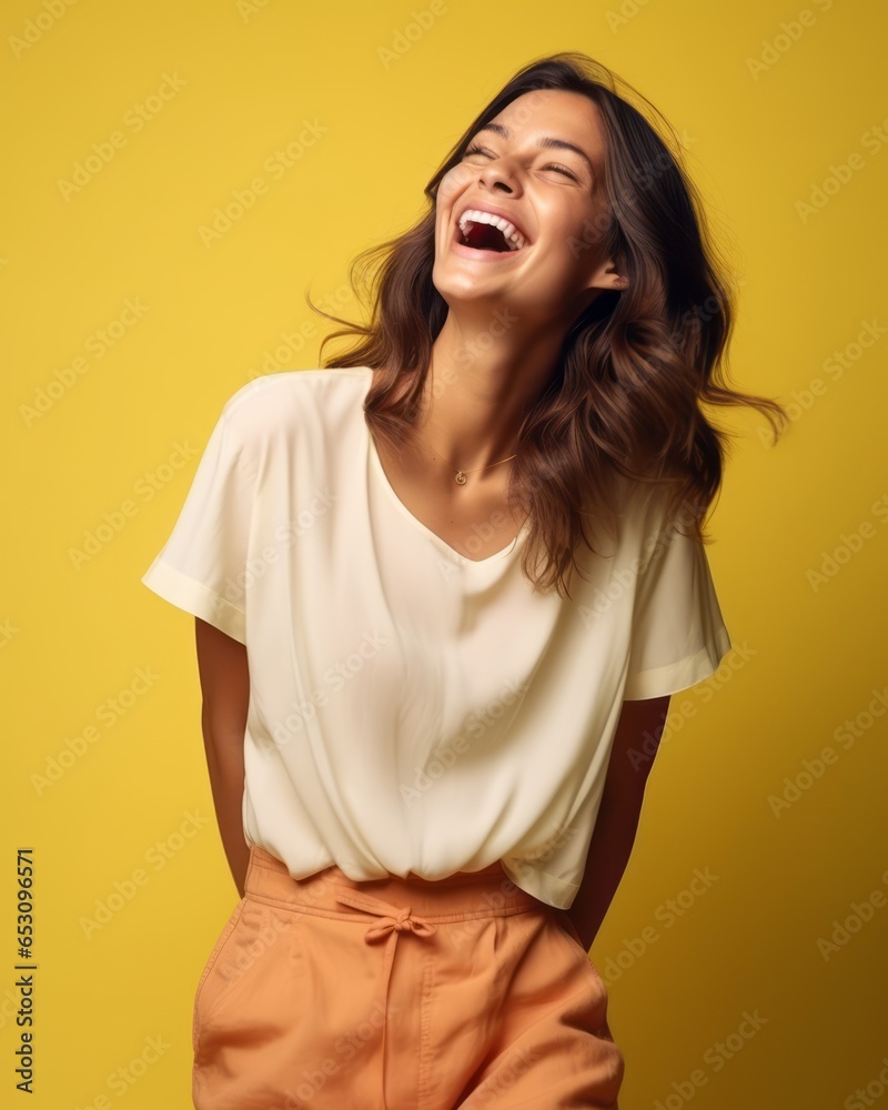 Fototapeta premium traveller portrait shot female woman standing against color wall traveller casual cloth smiling happiness woman portrait studio shot