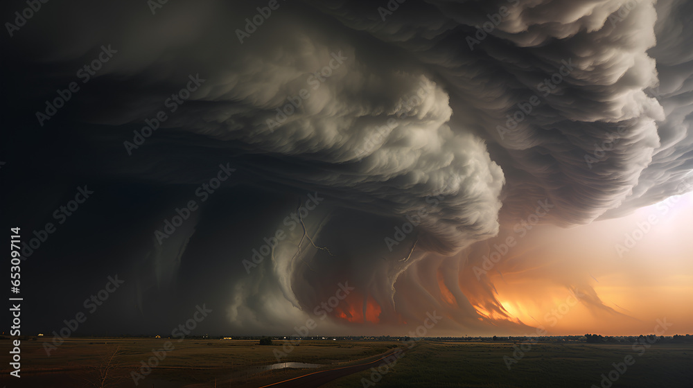 Amazing thunderstorm tornado supercell cloud with lightning bolts flashing over horizon. 