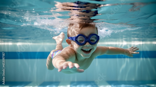 Young boy with goggles swimming underwater in swimming pool