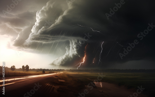 Amazing thunderstorm tornado supercell cloud with lightning bolts flashing over horizon. 