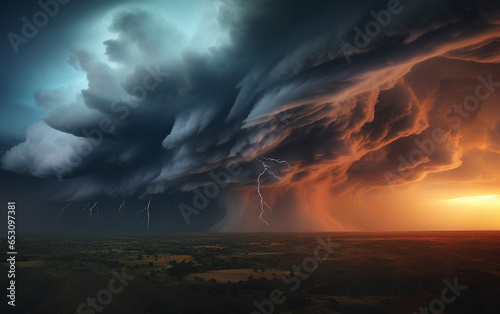 Amazing thunderstorm tornado supercell cloud with lightning bolts flashing over horizon.  © theevening