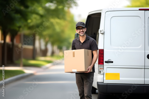 Smiling delivery man holding parcel box in front of his van