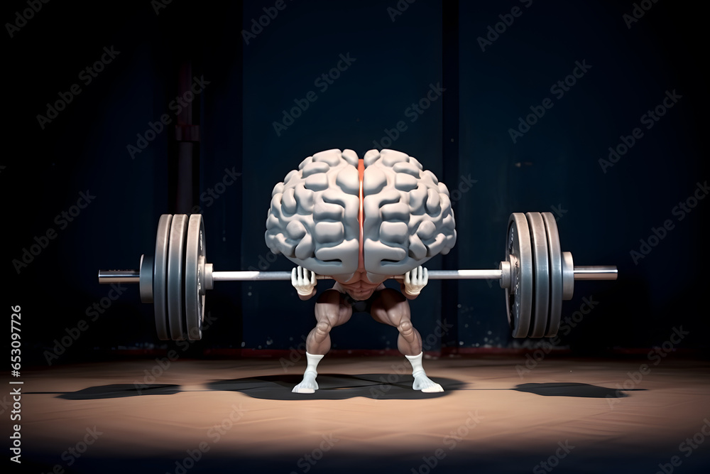 Brain lifting weight. Strong mentality, genius, mental health concept. - obrazy, fototapety, plakaty 