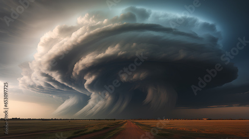 Amazing thunderstorm tornado supercell cloud on road.
