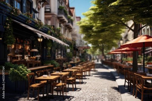 A street with restaurants serving international cuisine. Generative Ai. © Sebastian