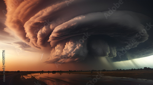 Amazing thunderstorm tornado supercell cloud with lightning bolts flashing over horizon. 