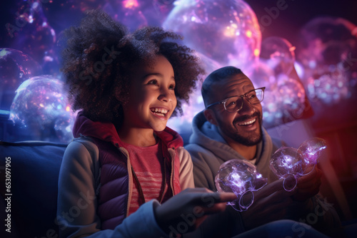 A parent and child bonding over a co-op video game on the couch. Generative Ai.