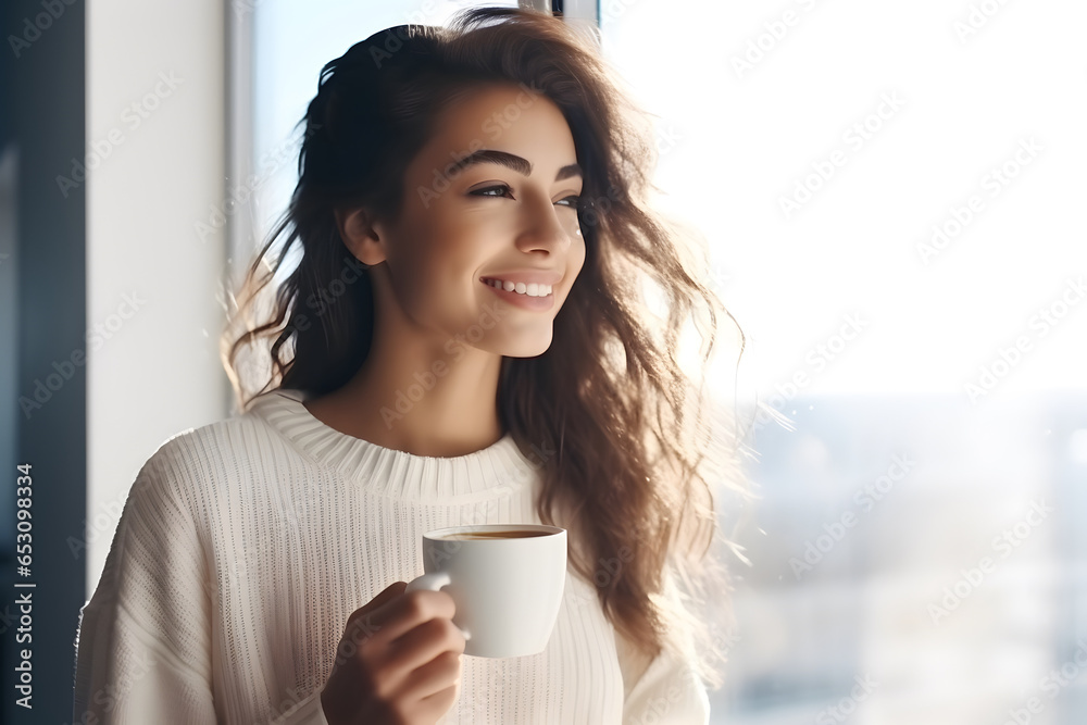 Happy caucasian girl going to drink coffee near window Happy caucasian girl going to drink coffee near window