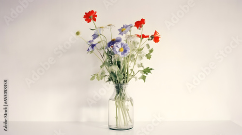 A bouquet of various flowers in a glass vase in white interior