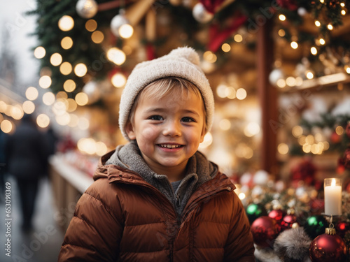 Small boy at the christmas market with happy , christmas atmosphere photo