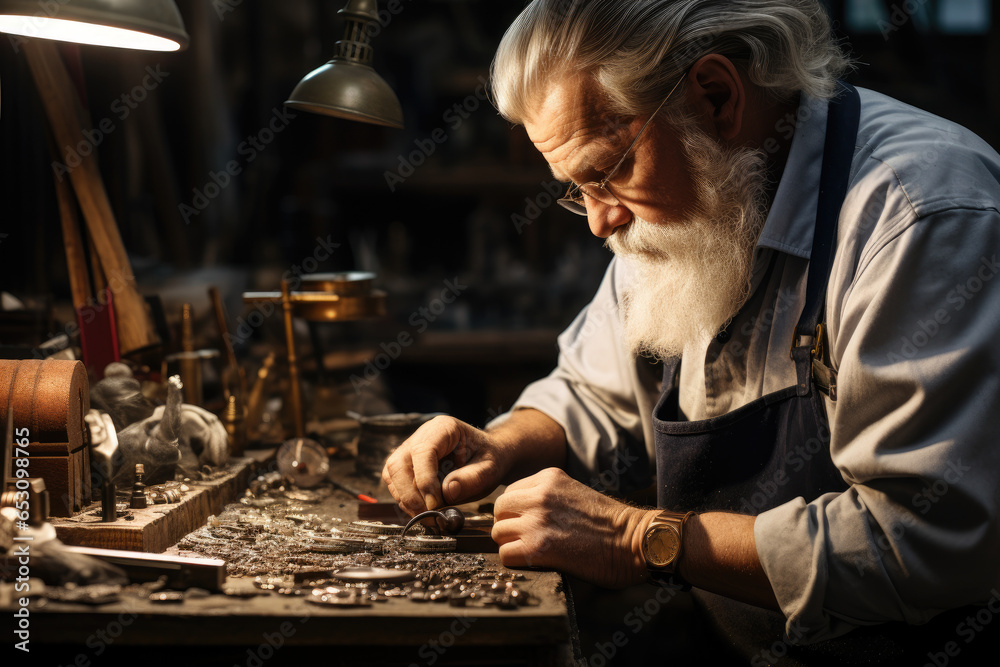 A silversmith crafting a detailed silver bracelet. Generative Ai. A silversmith crafting a detailed silver bracelet. Generative Ai.
