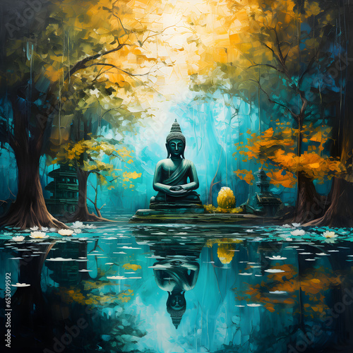 Create an image of a serene and ancient Theravada Buddhist wat, partially embraced by old trees and vibrant foliage, radiating a sense of bliss and Nibbana, under a peaceful sky. Inlcude aqua hues. 