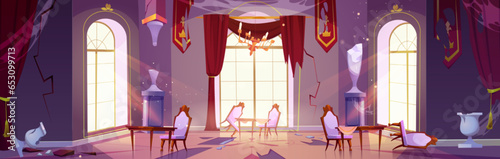 Abandoned and broken ballroom interior. Cartoon vector of destroyed and deserted banquet hall with smashed tables and chairs, torn curtains and pennants, cracks on walls, garbage and cobwebs.