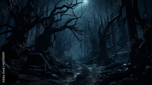 a haunted forest with twisted, gnarled trees and glowing eyes in the darkness, photo