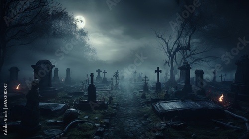 a haunted, misty graveyard with spectral figures rising from their graves,