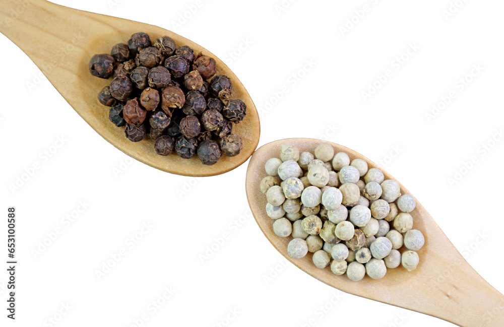 Spoons of White Peppercorns and Black Peppercorns on Transparent Background, PNG File